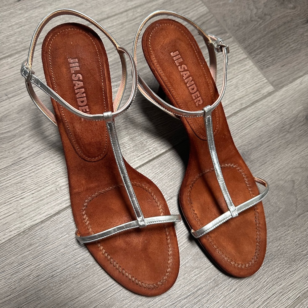Jil Sander Silver T-Strap Sandal Heel